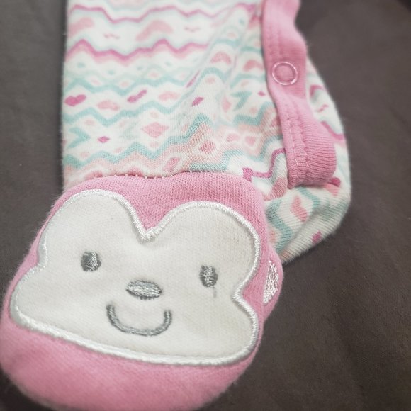 Footed Sleeper Monkey Theme Embroidered Button Up Hearts Bow Accents 6-9m Size - Picture 3 of 5